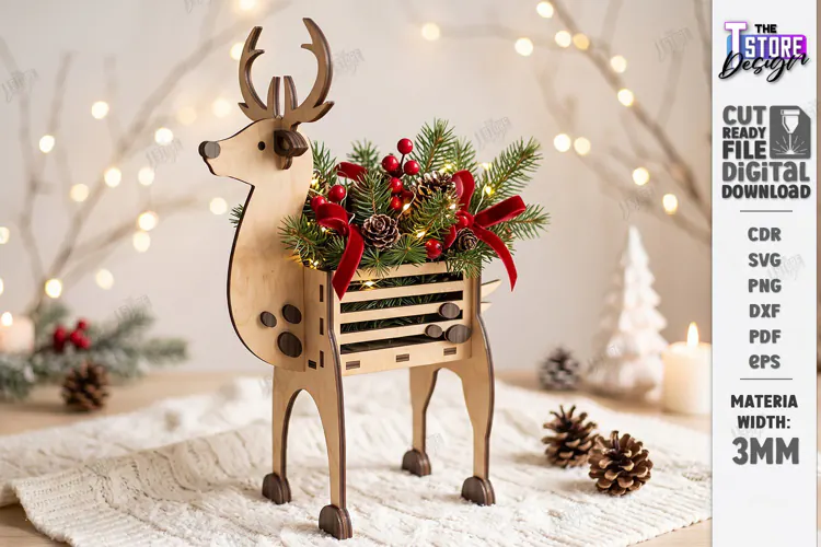 Christmas Reindeer Planter Decor Laser Cut | Holiday Decor