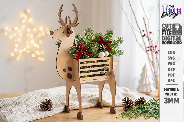 Christmas Reindeer Planter Decor Laser Cut | Holiday Decor