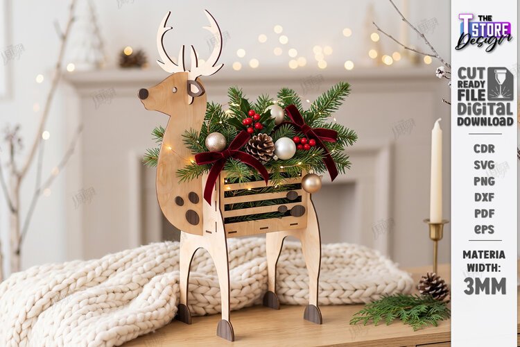 Christmas Reindeer Planter Decor Laser Cut | Holiday Decor example image 1