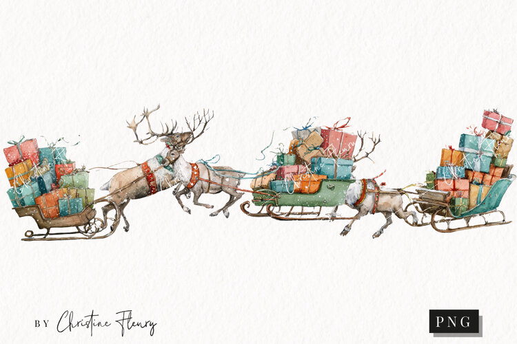 Watercolor Reindeer Sled Clipart | Christmas PNG example image 1