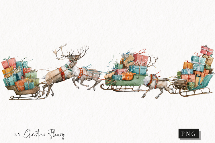 Watercolor Reindeer Sled Clipart | Christmas PNG