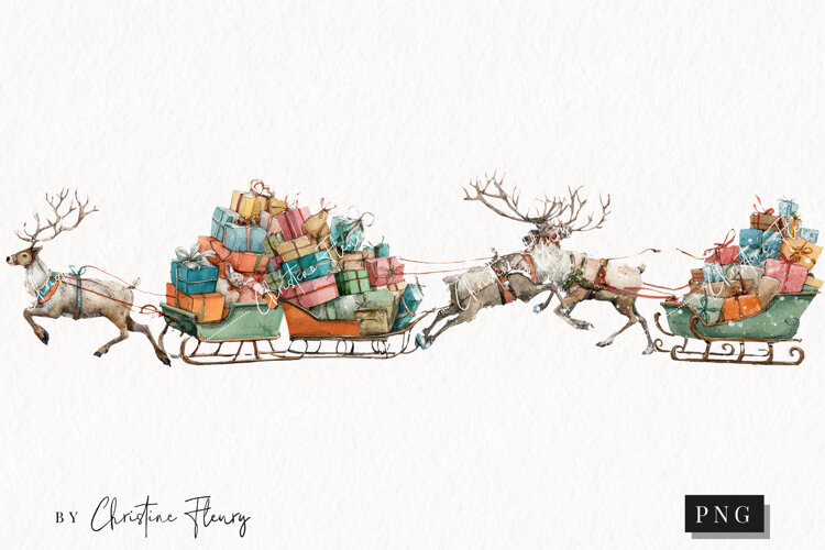 Watercolor Reindeer Sled Clipart | Christmas PNG example image 1