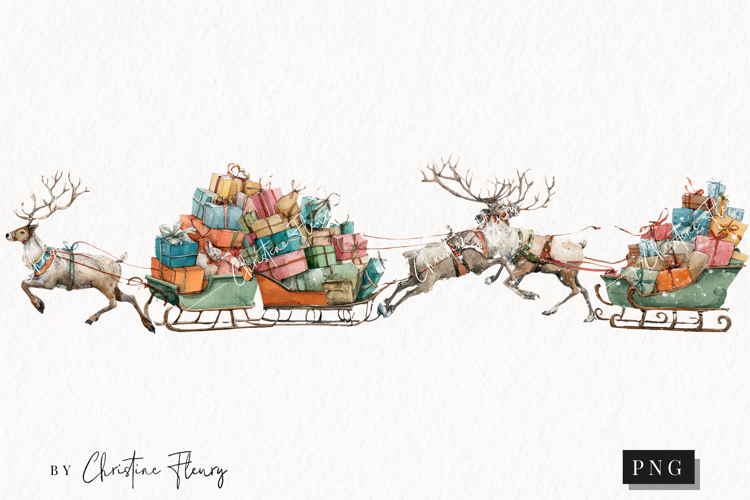 Watercolor Reindeer Sled Clipart | Christmas PNG