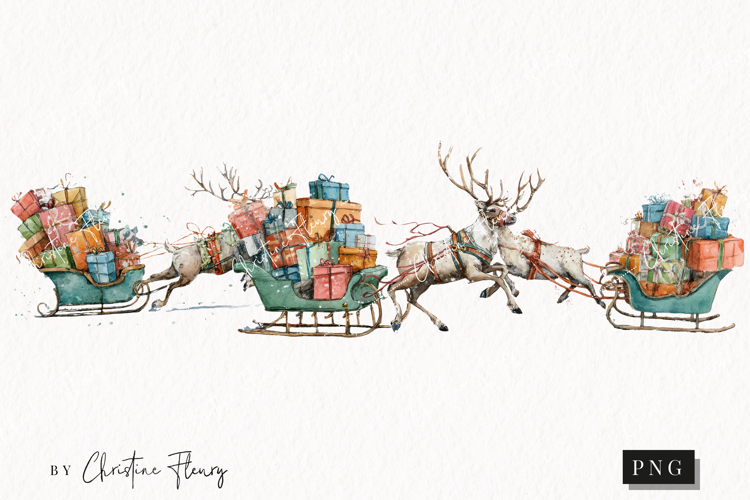 Watercolor Reindeer Sled Clipart | Christmas PNG