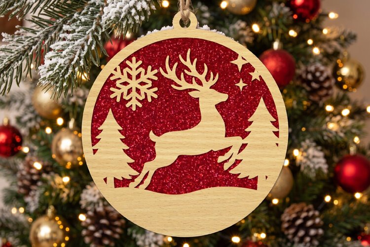 Reindeer Wood Christmas Ornament,Red Glitter Holiday Decor example image 1