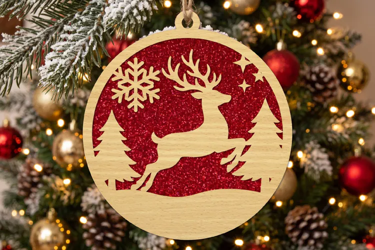 Reindeer Wood Christmas Ornament,Red Glitter Holiday Decor