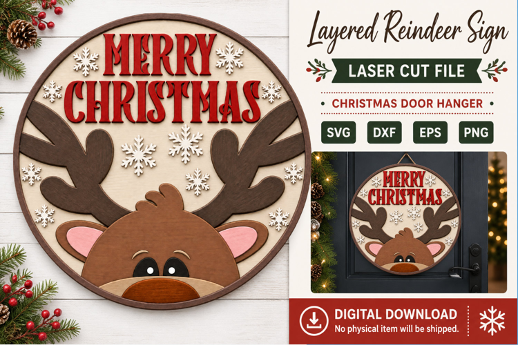 Merry Christmas Reindeer Door Hanger SVG | Layered Laser Cut