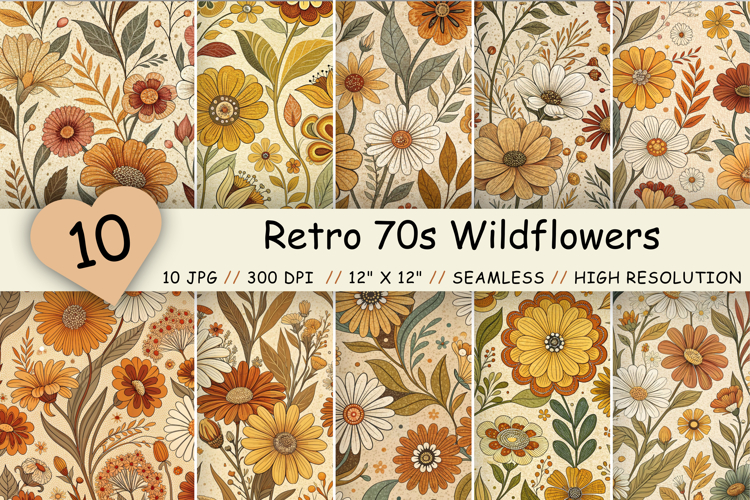 Retro 70s Wildflowers Seamless Pattern, Groovy Vintage