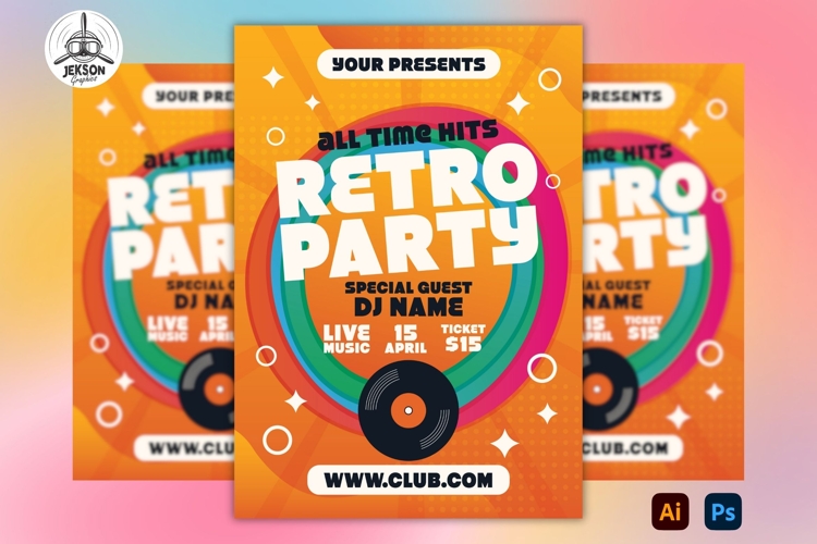 Retro 80s Party Flyer Template Design Music DJ Poster SVG PNG PSD