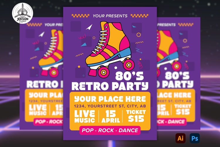 Retro 80s Party Flyer Template Design Music Poster SVG PSD