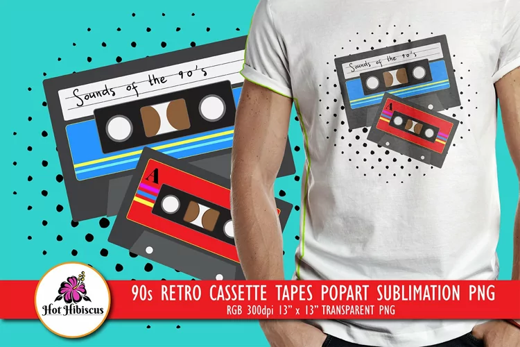 90s Retro Music Cassette Tapes Popart Sublimation Design PNG