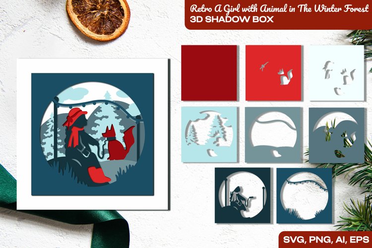 Retro A Girl with Animal in The Winter Forest 3D Shadow Box