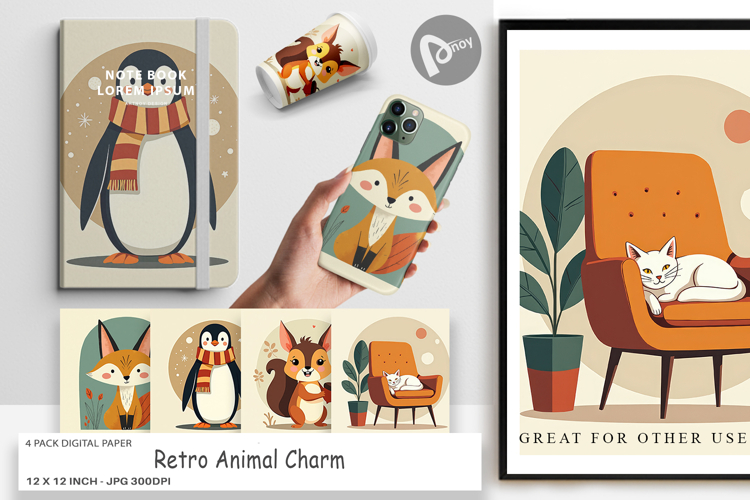 Digital Paper Retro Animal Charm