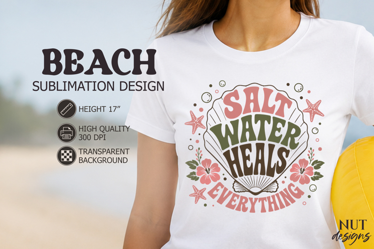 Saltwater Heals Beach sublimation, Retro coastal quote