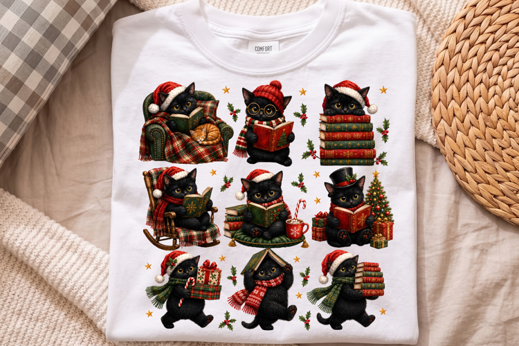Retro Black Cat Book Club Holiday PNG,Winter Reading Graphic