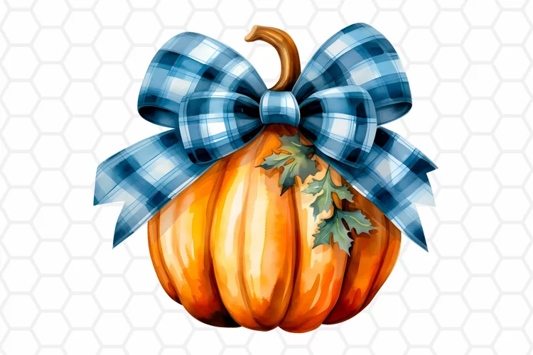 Retro Blue Watercolor Fall Pumpkin Clipart, Sublimation PNG