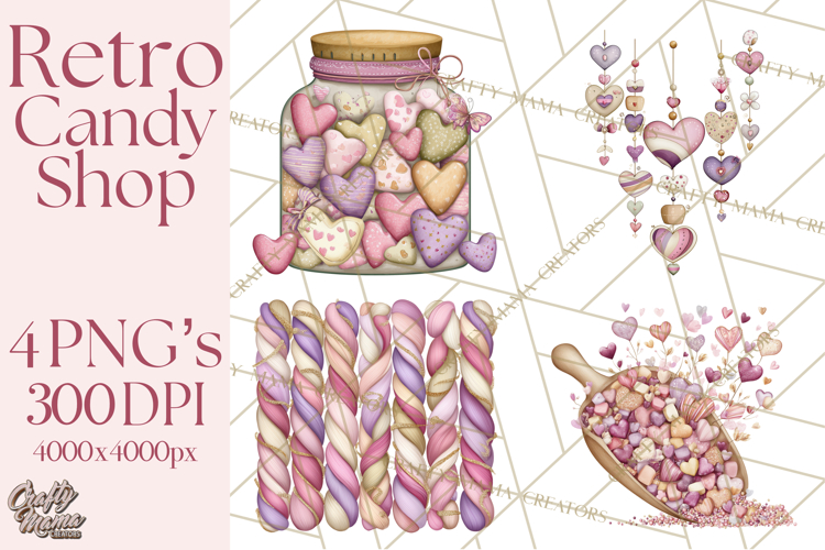 Retro Valentine Candy Shop Clipart PNG Pastel Sweets