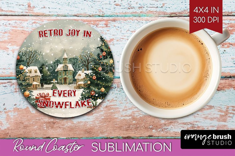 Retro Christmas Round Coaster - Xmas Coaster Sublimation example image 1
