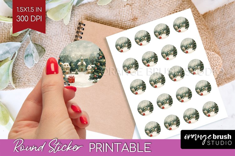 Retro Christmas Round Sticker - Xmas Printable Stickers