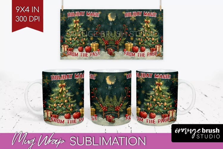 Retro Christmas Mug Wrap - Xmas Holiday 15Oz Mug Sublimation