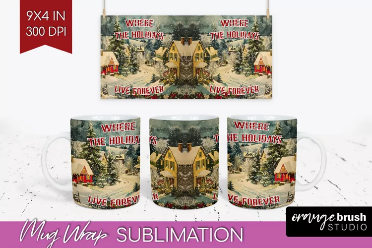 Retro Christmas Mug Wrap - Xmas Holiday 15Oz Mug Sublimation