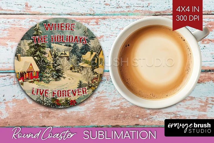 Retro Christmas Round Coaster - Xmas Coaster Sublimation