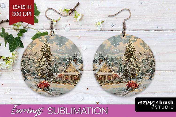 Retro Christmas Round Earrings - Xmas Holiday Sublimation