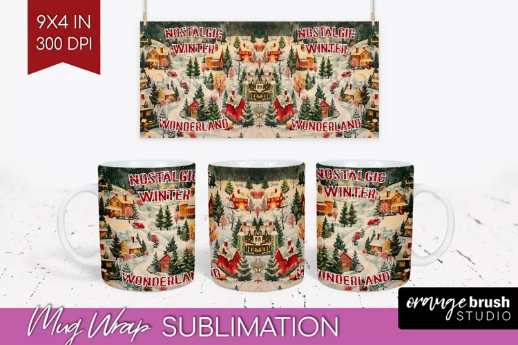 Retro Christmas Mug Wrap - Xmas Holiday 15Oz Mug Sublimation