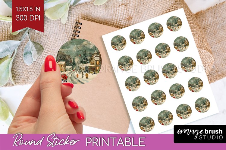 Retro Christmas Round Sticker - Xmas Printable Stickers