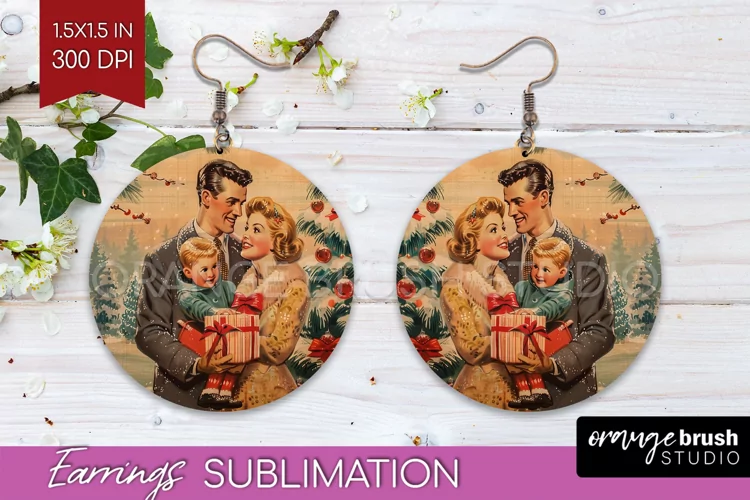 Retro Christmas Round Earrings - Xmas Holiday Sublimation