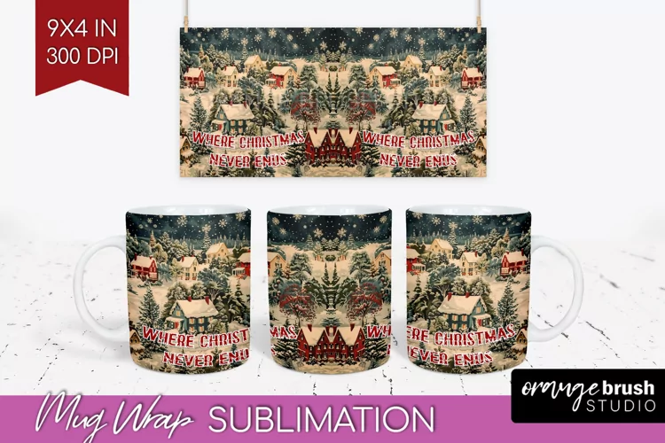 Retro Christmas Mug Wrap - Xmas Holiday 15Oz Mug Sublimation