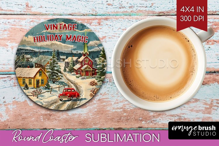 Retro Christmas Round Coaster - Xmas Coaster Sublimation example image 1