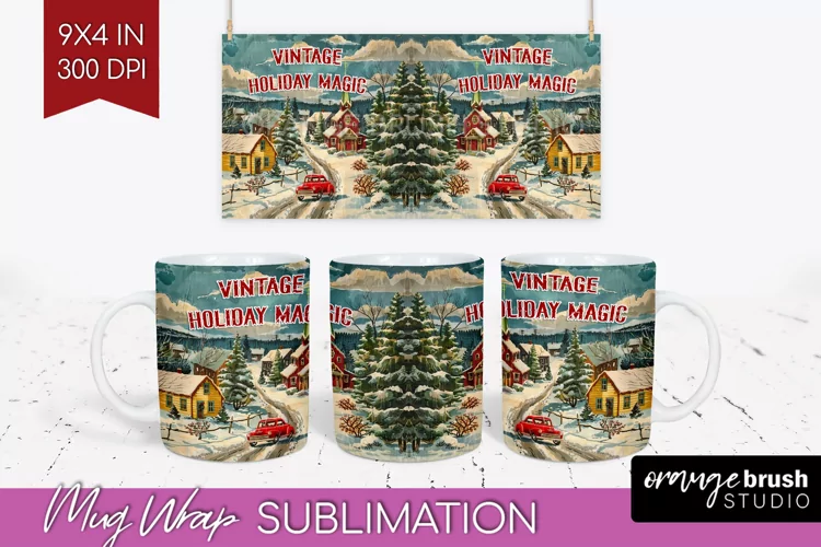 Retro Christmas Mug Wrap - Xmas Holiday 15Oz Mug Sublimation