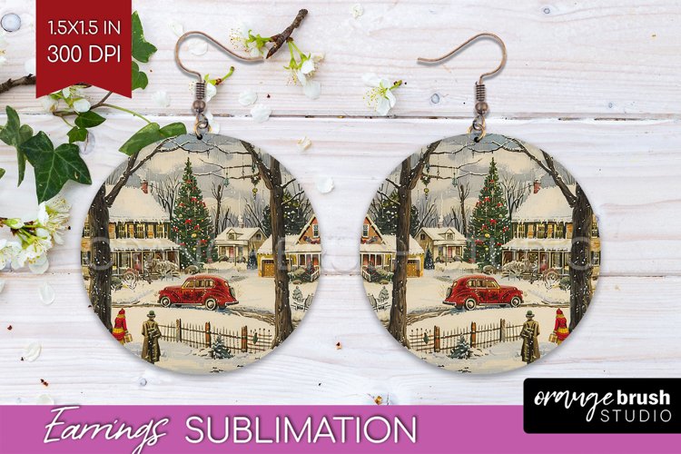 Retro Christmas Round Earrings - Xmas Holiday Sublimation