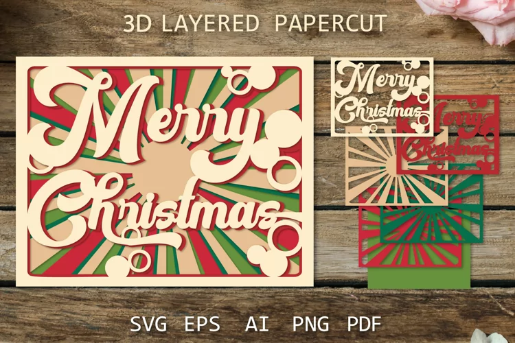 Retro Christmas card SVG, Vintage Layered paper cut 3D card