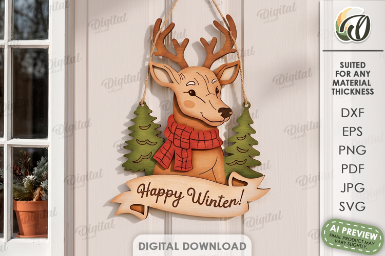 Retro Christmas Door Hanger Laser Cut. Reindeer SVG