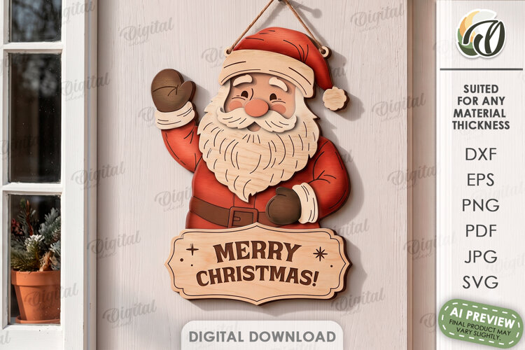 Retro Christmas Door Hanger Laser Cut. Santa Claus SVG example image 1