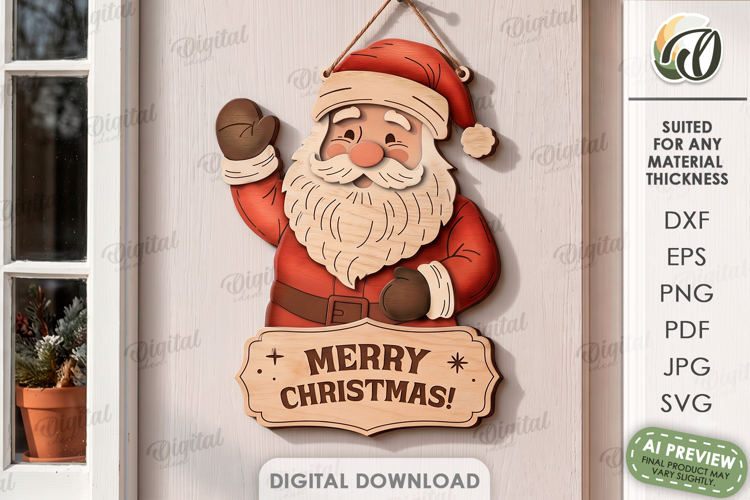 Retro Christmas Door Hanger Laser Cut. Santa Claus SVG