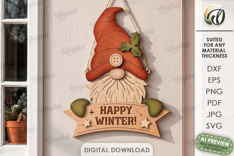 Retro Christmas Gnome Door Hanger Laser Cut. Christmas SVG