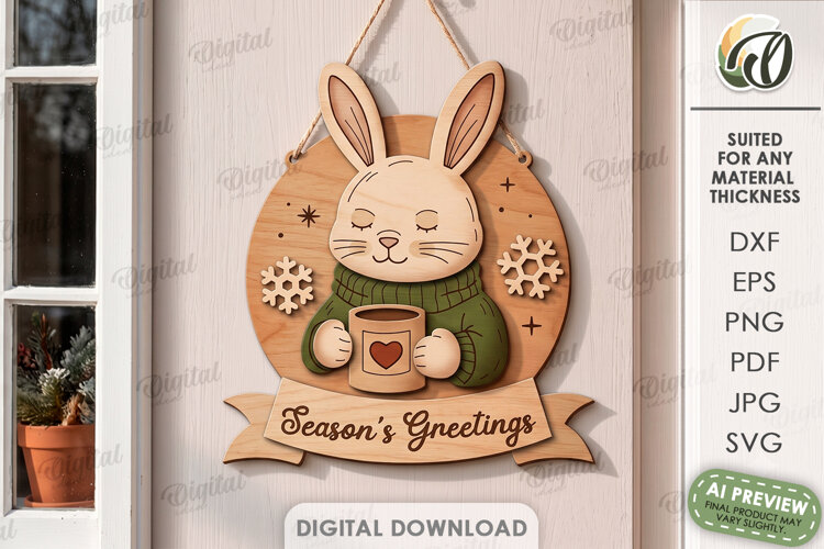 Retro Christmas Door Hanger Laser Cut. Round Sign. Bunny SVG example image 1