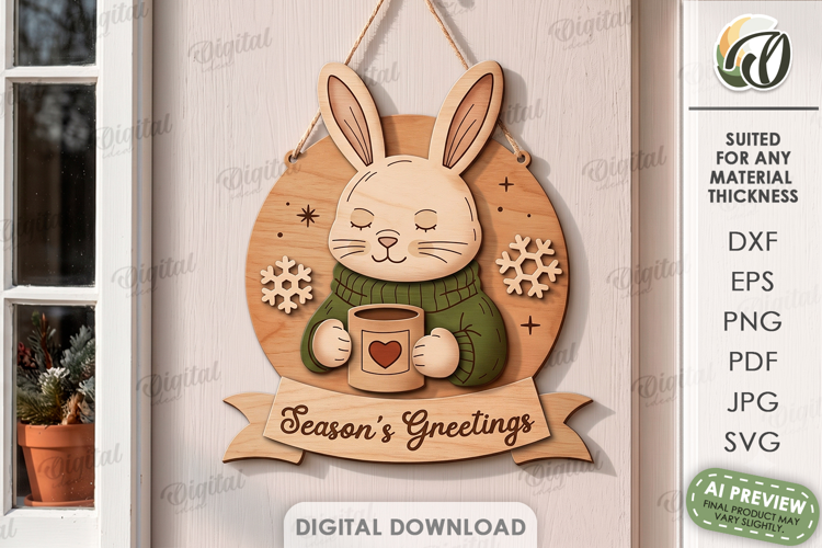 Retro Christmas Door Hanger Laser Cut. Round Sign. Bunny SVG