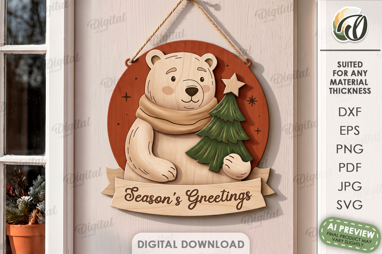 Retro Christmas Round Sign Laser Cut. Polar Bear SVG
