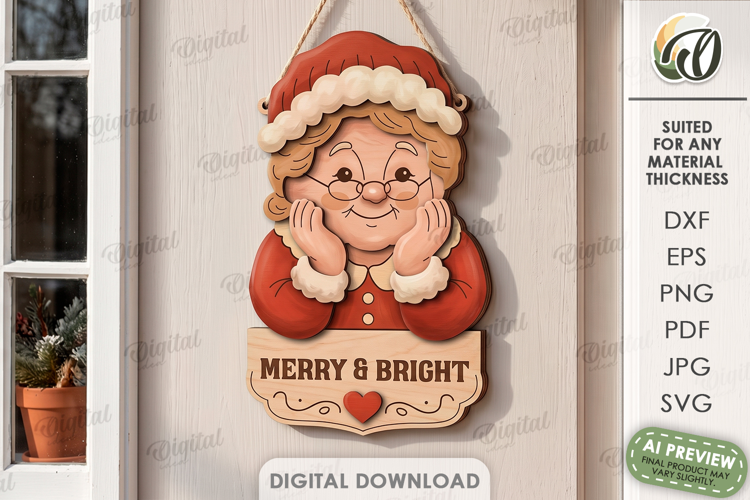 Retro Christmas Door Hanger Laser Cut. Mrs. Claus SVG