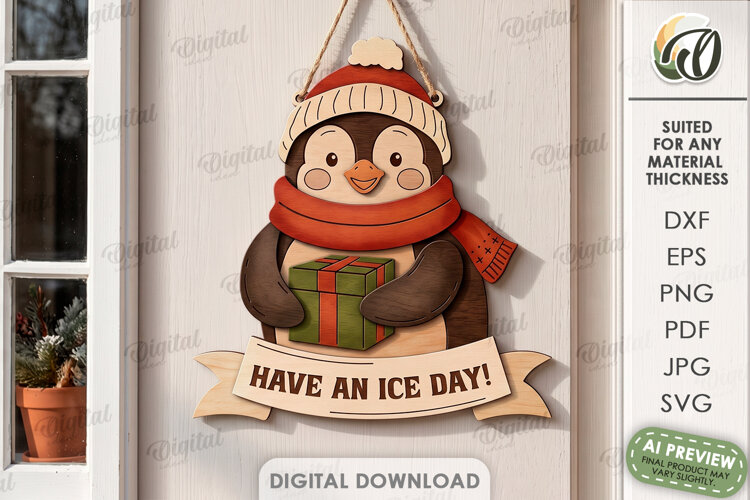Retro Christmas Door Hanger Laser Cut. Penguin SVG example image 1