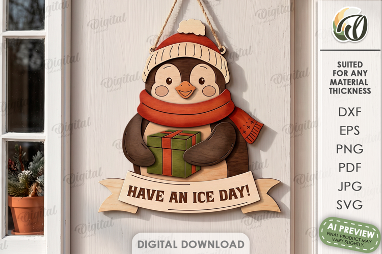 Retro Christmas Door Hanger Laser Cut. Penguin SVG