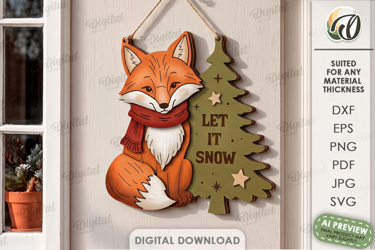 Retro Christmas Door Hanger Laser Cut. Let it Snow. Fox SVG