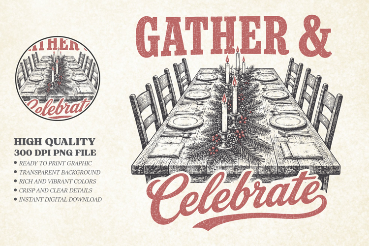 Retro Christmas Dinner Table Design PNG, Gather Celebrate
