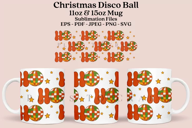 Retro Christmas Disco Balls Mug Sublimation Wrap SVG