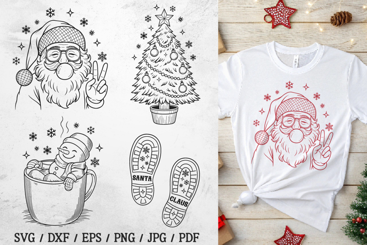Retro Christmas Doodle SVG Files, Santa, Tree, Mug
