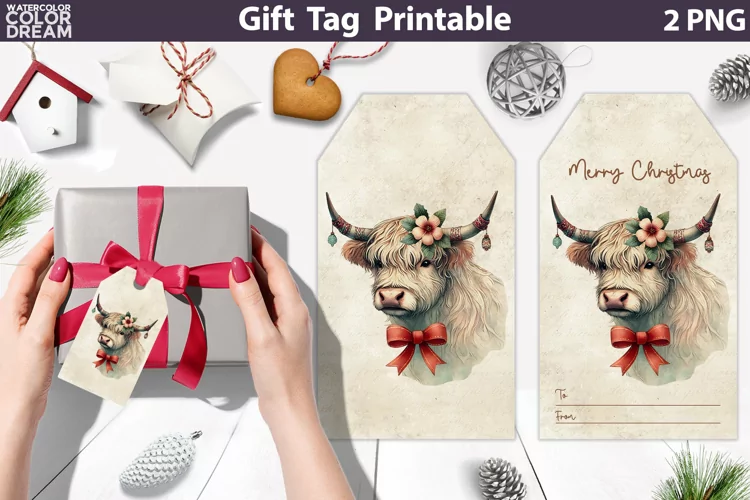 Christmas Highland Cow Gift Tags | Retro Christmas Tag